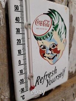 Vintage Coca Cola Porcelain Sign Beverage Thermometer Soda Coke Bottle Cap Boy
