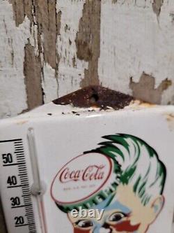 Vintage Coca Cola Porcelain Sign Beverage Thermometer Soda Coke Bottle Cap Boy