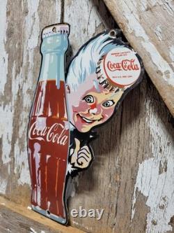 Vintage Coca Cola Porcelain Sign Bottle Cap Boy Soda Coke Beverage Food Store
