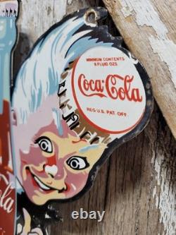 Vintage Coca Cola Porcelain Sign Bottle Cap Boy Soda Coke Beverage Food Store