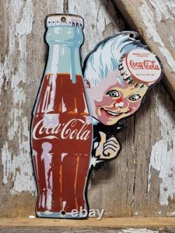Vintage Coca Cola Porcelain Sign Bottle Cap Boy Soda Coke Beverage Food Store