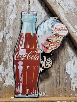 Vintage Coca Cola Porcelain Sign Bottle Cap Boy Soda Coke Beverage Food Store