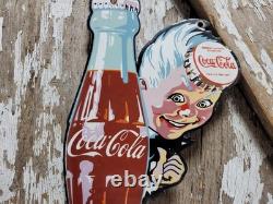 Vintage Coca Cola Porcelain Sign Bottle Cap Boy Soda Coke Beverage Food Store