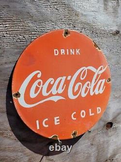 Vintage Coca Cola Porcelain Sign Coke Beverage Ice Cold Soda Pop Drink Store 12
