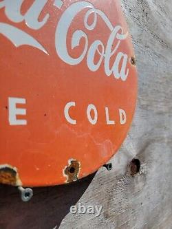 Vintage Coca Cola Porcelain Sign Coke Beverage Ice Cold Soda Pop Drink Store 12