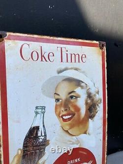 Vintage Coca Cola Porcelain Sign Coke Time Fountain Diner Restaurant Soda Gas