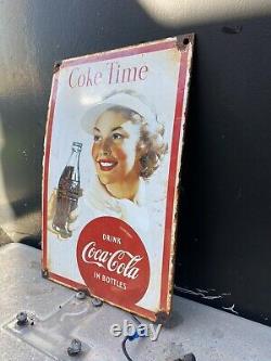 Vintage Coca Cola Porcelain Sign Coke Time Fountain Diner Restaurant Soda Gas