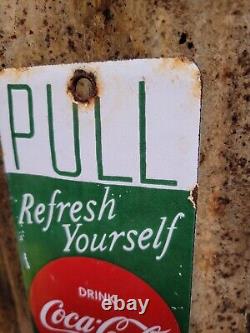 Vintage Coca Cola Porcelain Sign Door Palm Push Soda Coke Carbonated Beverage