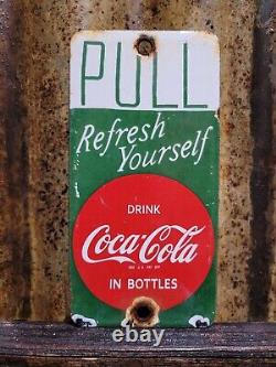 Vintage Coca Cola Porcelain Sign Door Palm Push Soda Coke Carbonated Beverage