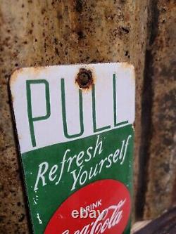 Vintage Coca Cola Porcelain Sign Door Palm Push Soda Coke Carbonated Beverage