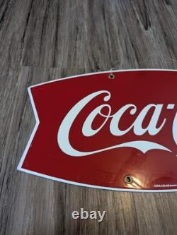 Vintage Coca Cola Porcelain Sign Fishtail Gas Station Pump Plate 16 Hanging