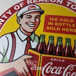 Vintage Coca Cola Porcelain Sign Ice Cold Soda Bottles Gas Pump Service Sign