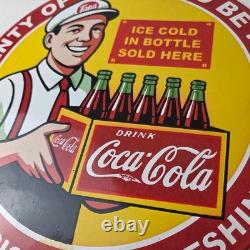 Vintage Coca Cola Porcelain Sign Ice Cold Soda Bottles Gas Pump Service Sign