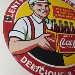 Vintage Coca Cola Porcelain Sign Ice Cold Soda Bottles Gas Pump Service Sign