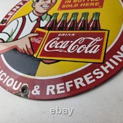 Vintage Coca Cola Porcelain Sign Ice Cold Soda Bottles Gas Pump Service Sign