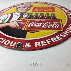 Vintage Coca Cola Porcelain Sign Ice Cold Soda Bottles Gas Pump Service Sign