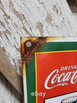 Vintage Coca Cola Porcelain Sign Old Coke Beverage Display Soda Drink Sold Here
