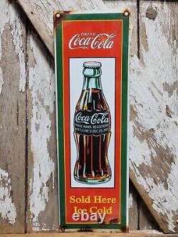 Vintage Coca Cola Porcelain Sign Old Coke Beverage Display Soda Drink Sold Here
