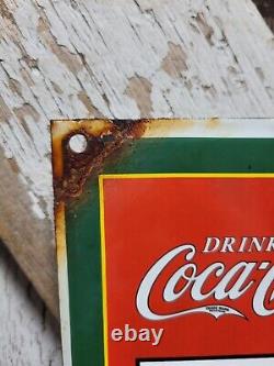 Vintage Coca Cola Porcelain Sign Old Coke Beverage Display Soda Drink Sold Here
