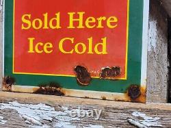 Vintage Coca Cola Porcelain Sign Old Coke Beverage Display Soda Drink Sold Here