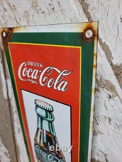 Vintage Coca Cola Porcelain Sign Old Coke Beverage Display Soda Drink Sold Here