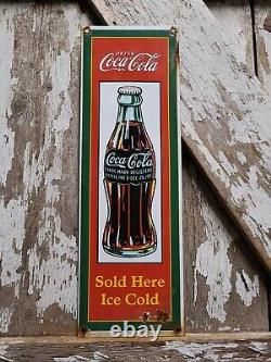 Vintage Coca Cola Porcelain Sign Old Store Coke Ice Cold Soda Pop Sold Here 17