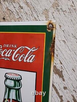 Vintage Coca Cola Porcelain Sign Old Store Coke Ice Cold Soda Pop Sold Here 17