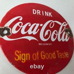 Vintage Coca Cola Porcelain Sign Shop Soda Advertising Gas Pump Service Sign