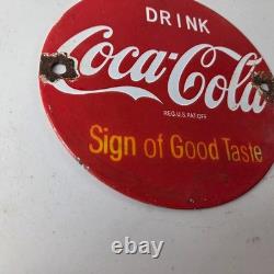 Vintage Coca Cola Porcelain Sign Shop Soda Advertising Gas Pump Service Sign