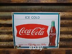 Vintage Coca Cola Porcelain Sign Soda Coke Pop Gas Oil Food Service 17 Curved