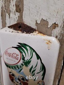 Vintage Coca Cola Porcelain Thermometer Sign Beverage Soda Coke Bottle Cap Boy