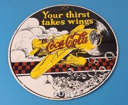 Vintage Coca Cola Sign Airplane Beverage Soda Gas Pump Plate Porcelain Sign