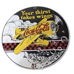Vintage Coca Cola Sign Airplane Beverage Soda Gas Pump Plate Porcelain Sign