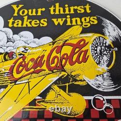 Vintage Coca Cola Sign Airplane Beverage Soda Gas Pump Plate Porcelain Sign