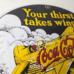 Vintage Coca Cola Sign Airplane Beverage Soda Gas Pump Plate Porcelain Sign