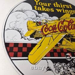 Vintage Coca Cola Sign Airplane Beverage Soda Gas Pump Plate Porcelain Sign