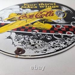 Vintage Coca Cola Sign Airplane Beverage Soda Gas Pump Plate Porcelain Sign