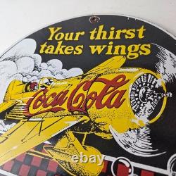 Vintage Coca Cola Sign Airplane Beverage Soda Gas Pump Plate Porcelain Sign