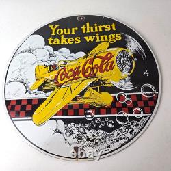 Vintage Coca Cola Sign Airplane Beverage Soda Gas Pump Plate Porcelain Sign