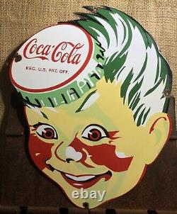 Vintage Coca Cola Sign Coke Porcelain Sign 18 Soda Pop Beverage Sprite Boy Head