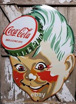 Vintage Coca Cola Sign Coke Porcelain Sign 40 Soda Pop Beverage Bottle Boy Head