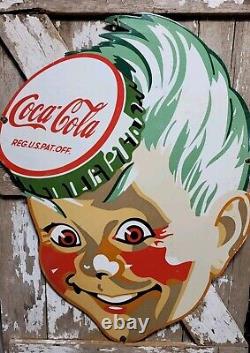Vintage Coca Cola Sign Coke Porcelain Sign 40 Soda Pop Beverage Bottle Boy Head