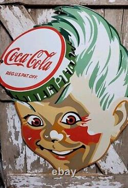 Vintage Coca Cola Sign Coke Porcelain Sign 40 Soda Pop Beverage Bottle Boy Head