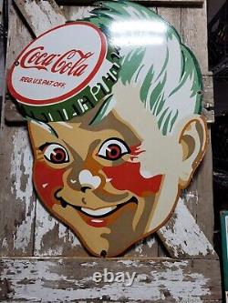 Vintage Coca Cola Sign Coke Porcelain Sign 40 Soda Pop Beverage Bottle Boy Head