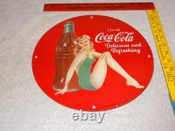 Vintage Coca Cola Swimsuit Woman 11 3/4 Porcelain Metal Soda, Gasoline Oil Sign