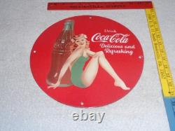 Vintage Coca Cola Swimsuit Woman 11 3/4 Porcelain Metal Soda, Gasoline Oil Sign