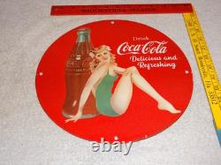 Vintage Coca Cola Swimsuit Woman 11 3/4 Porcelain Metal Soda, Gasoline Oil Sign