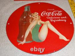 Vintage Coca Cola Swimsuit Woman 11 3/4 Porcelain Metal Soda, Gasoline Oil Sign
