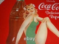 Vintage Coca Cola Swimsuit Woman 11 3/4 Porcelain Metal Soda, Gasoline Oil Sign