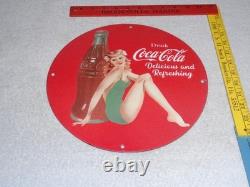 Vintage Coca Cola Swimsuit Woman 11 3/4 Porcelain Metal Soda, Gasoline Oil Sign